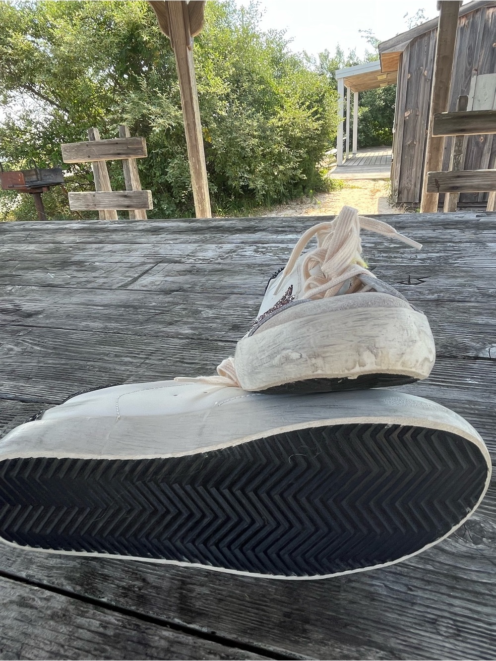 Golden Goose Cream Sneakers with Pink Glitter Star and Black Heel 10 - Picture 8 of 10